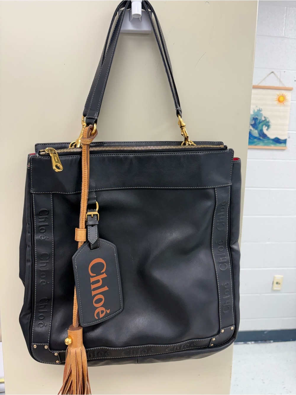 Authentic Chloé Eden Black Leather Tote Bag Red Lining Luggage Tag Tassel 2011